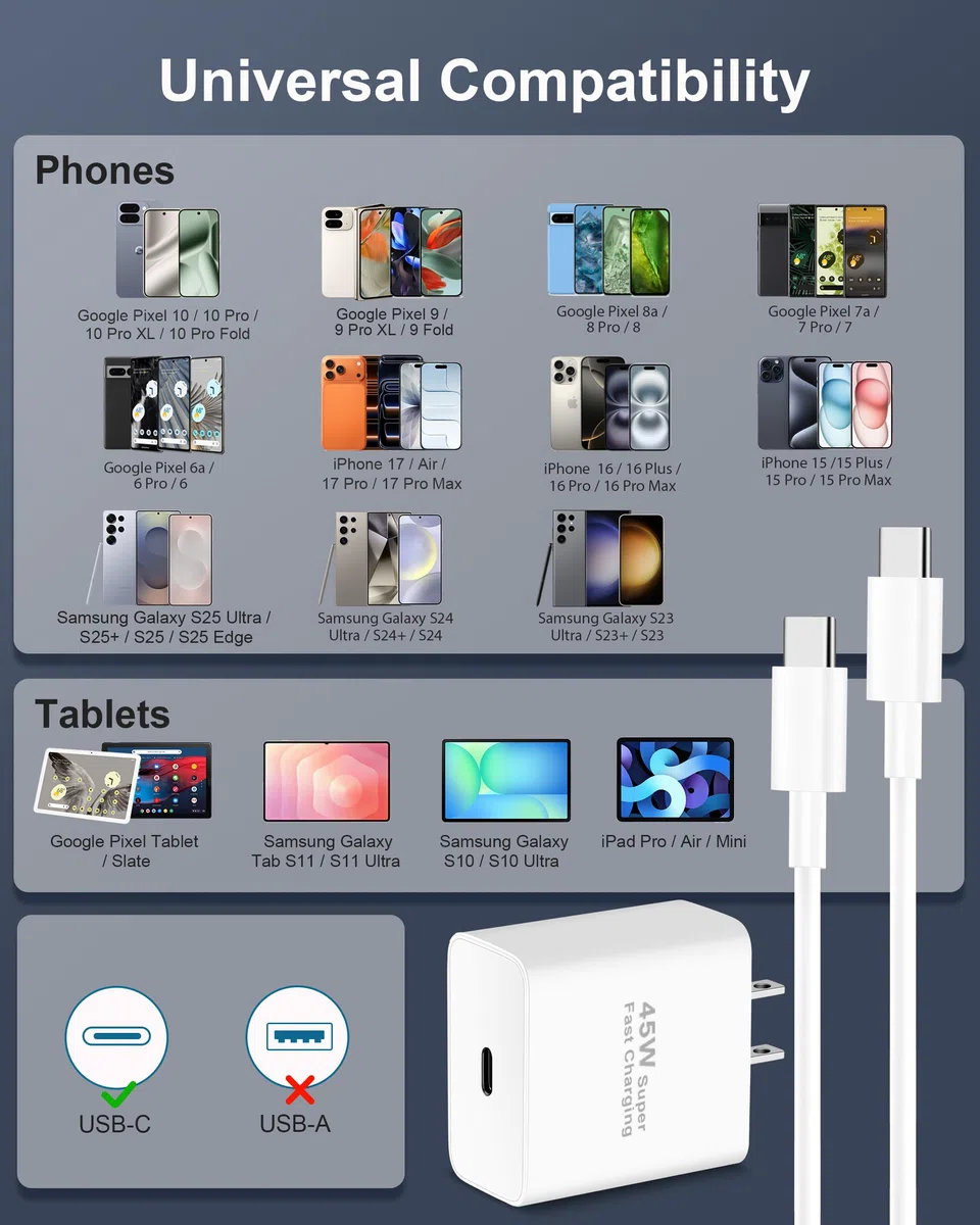 Caricatore ultra S24/S23, confezione da 2 caricabatterie da parete super veloci da 45 W, blocco caricabatterie per telefono USB C Android con cavo lungo 10 piedi tipo C per Samsung Galaxy
