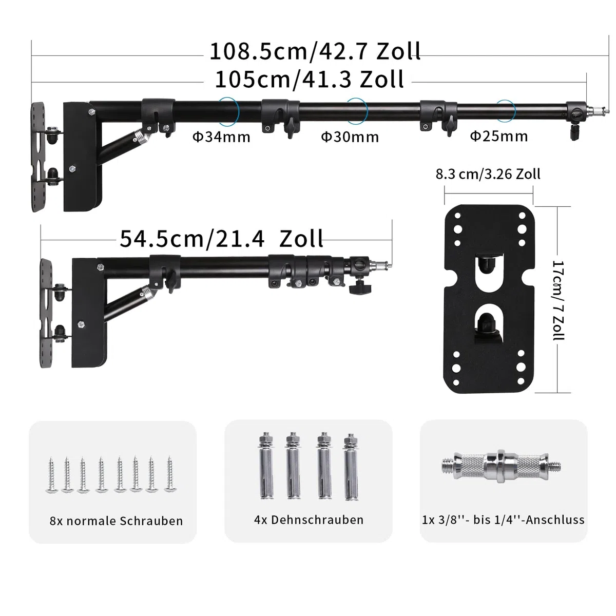 Montaggio a parete, braccio triangolare con lunghezza fino a 41,3 pollici/105 cm per riprese video in studio per flash, softbox, luci ad anello, luci singole, ombrelli, riflettori