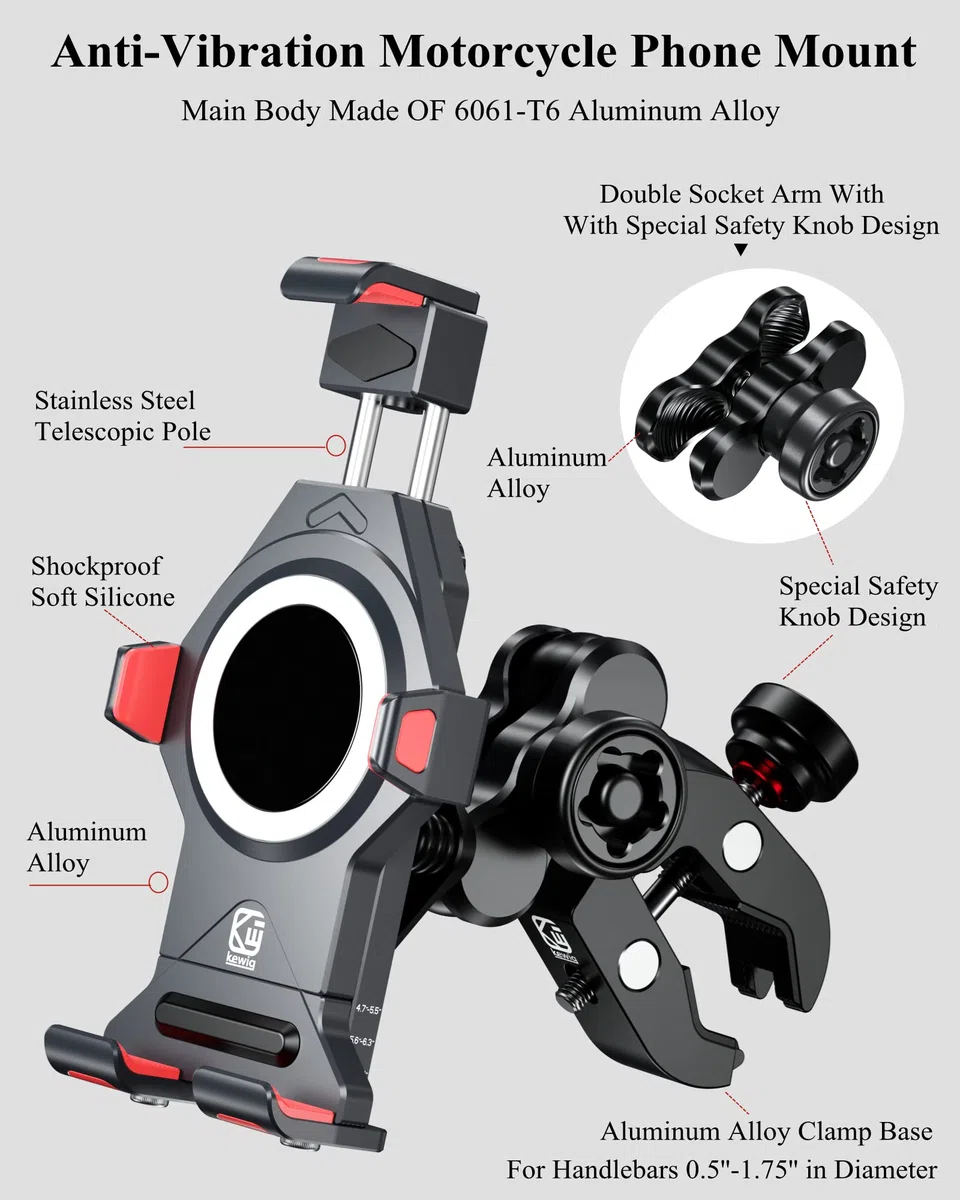 BRCOVAN Lega Alluminio Supporto Telefono Motociclo con Smorzatore Vibrazioni, Metallo Manubrio Porta Telefono per ATV UTV Bici Moto Scooter per 4.7''-7.2'' Smartphone, Nero