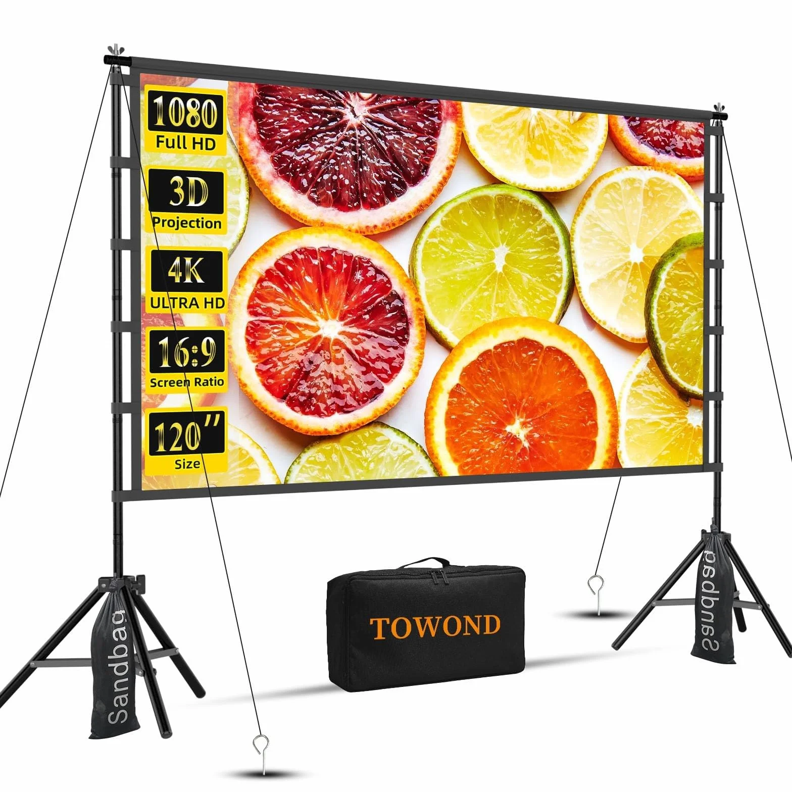 TOWOND Schermo per proiettore da 120 pollici, con supporto, pieghevole, portatile, 16:9, HD, per esterni per home cinema e giardino, proiezione anteriore e posteriore, lavabile in poliestere antipiega