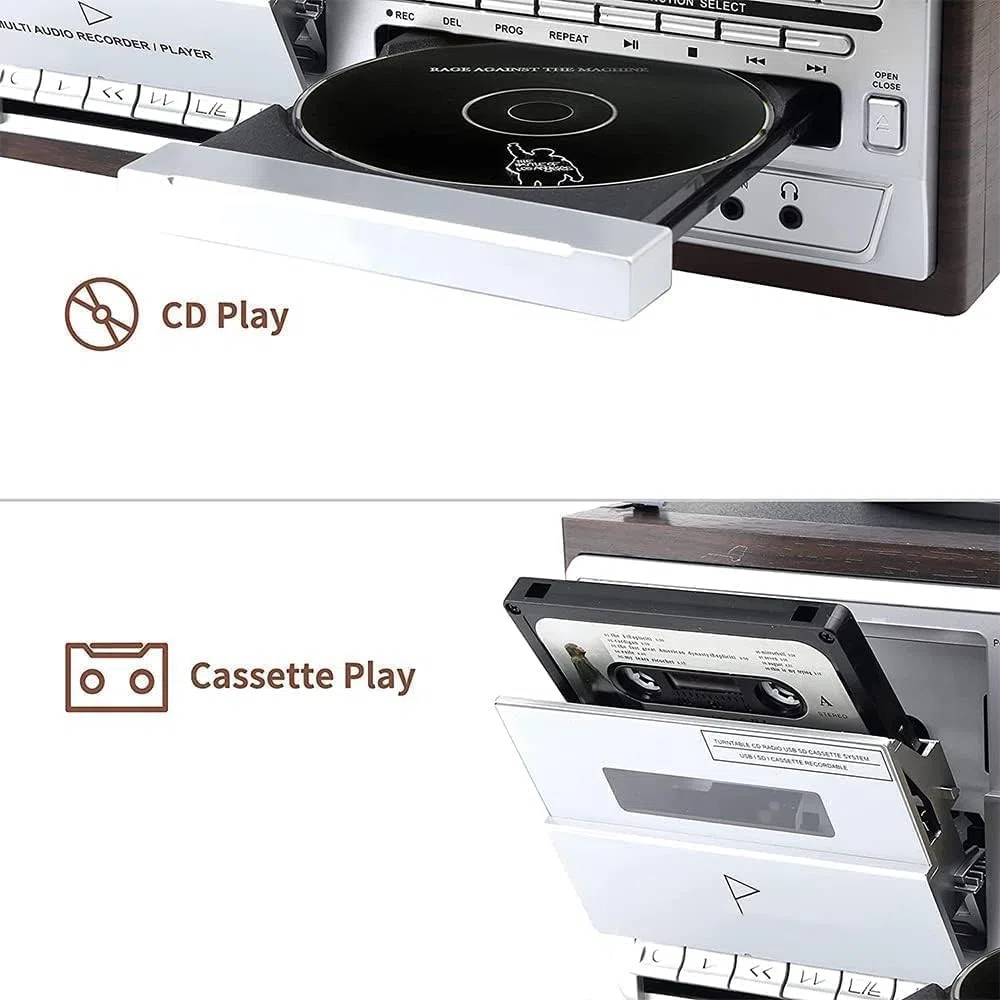 Lettore CD portatile con cassetta e radio FM, lettore di dischi Bluetooth retrò con altoparlanti integrati e batteria da 4000 mAh per ascoltare in movimento