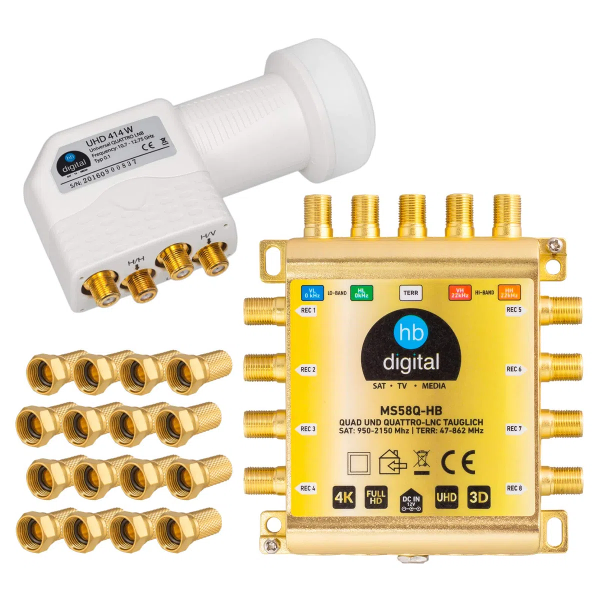 HB-DIGITAL DVB-S/S2 Multiswitch 5/8 + Quattro LNB UHD 414 W bianco + 24 connettori F dorati | Multiswitch per 1 SAT, 8 partecipanti | Quad | incl. alimentatore di rete | MS58Q-HB | FullHD 4K UHD