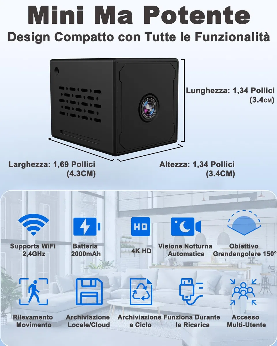 Mini Telecamera Spia Nascosta, 4K FHD Telecamera Spia con Visione Notturna e Rilevamento Movimento, Microcamera Spia con Batteria 2000mAh, Mini Telecamera Wifi/Senza Wifi, Spy Cam per Interno Estern