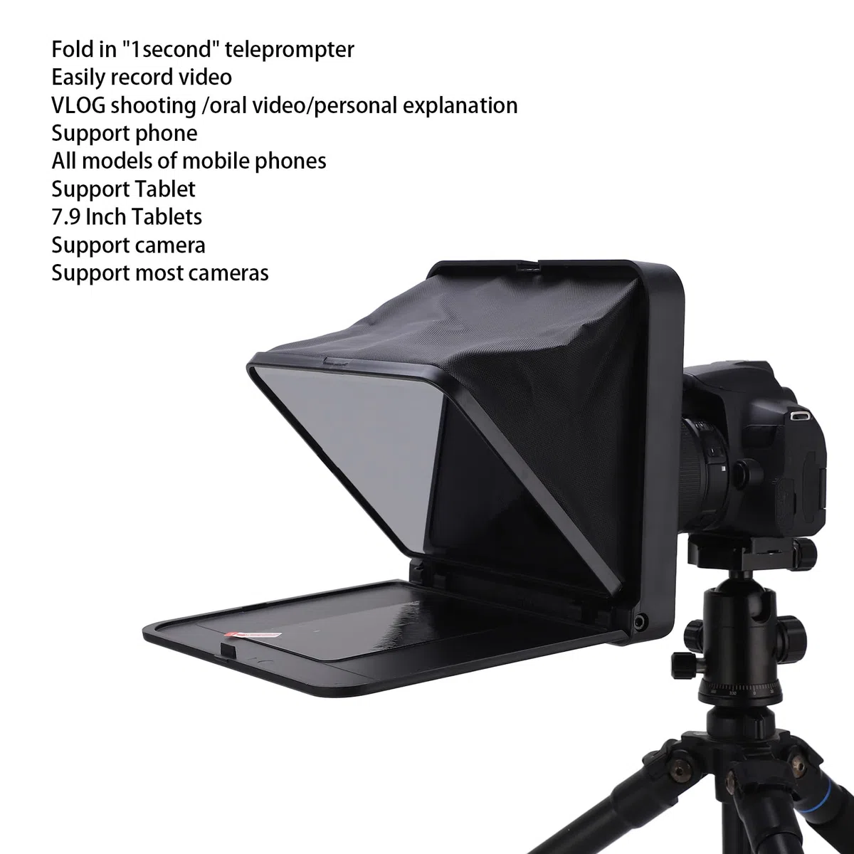 Bewinner Teleprompter con Telecomando, Teleprompter Portatile Pieghevole con Anello Adattatore da 49 Mm, 52 Mm, 58 Mm, 62 Mm, 67 Mm, 72 Mm, 77 Mm per Fotocamera SLR Tablet Smartphone