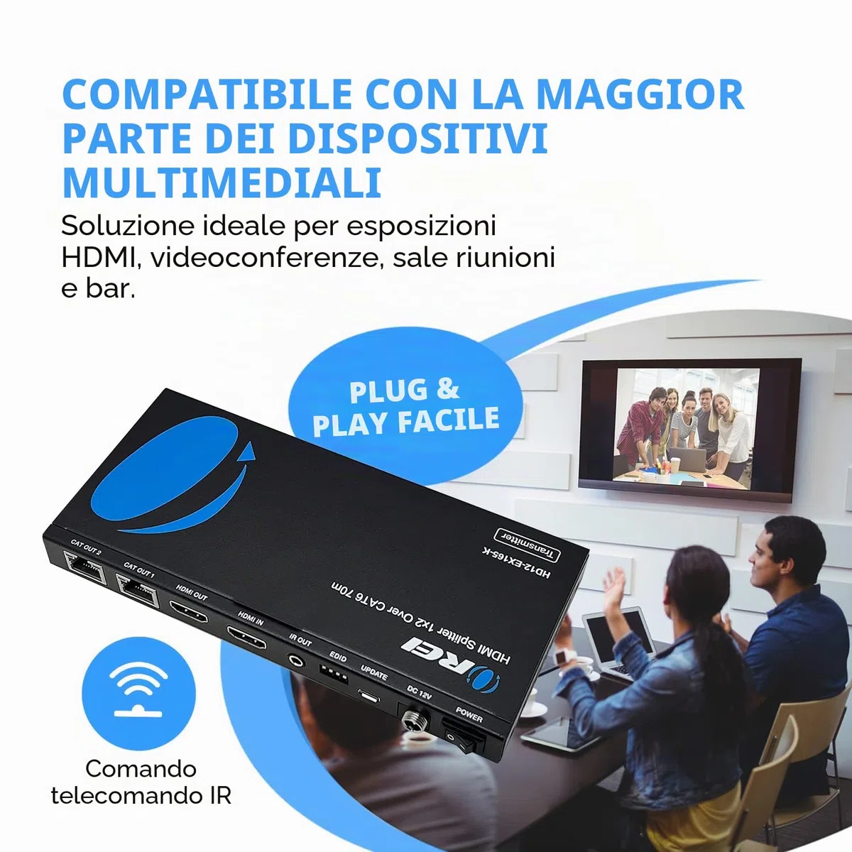 Orei 4K 1x2 HDMI over ethernet Extender Splitter su cavo Ethernet CAT6/7 4K @ 30Hz fino a 50 m - 1 ingresso 2 out, 1080p @ 60Hz fino a 70 m, PoC, controllo IR, EDID, HDMI Loop Out (HD12-EX165-K)