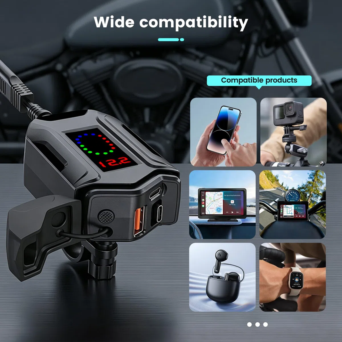 USB Moto Impermeabile con un cavo di ricarica rapida Type-C retrattile lungo 70 CM, 3 in 1 Caricabatterie da Moto per Cellulare USB con Interruttore Voltmetro LED per SUV Marine Motorcycle (2)