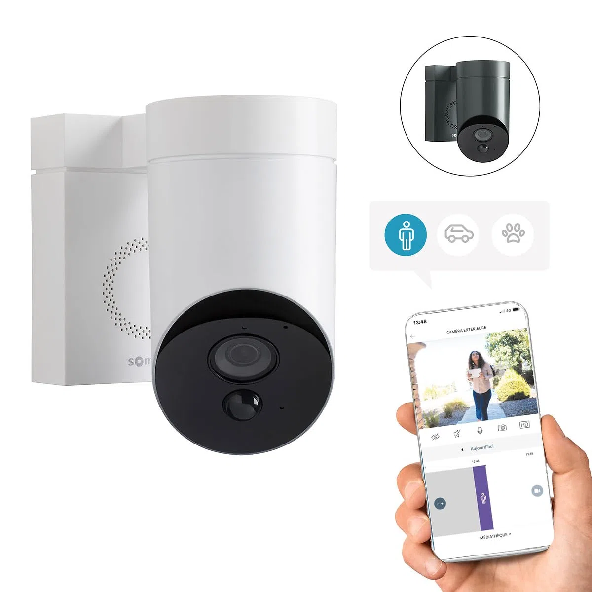 Somfy 1875325 - Telecamera esterna Wi-Fi con rilevamento intelligente, 1080p Full HD, sirena da 110 dB, collegamento alla lampada esistente