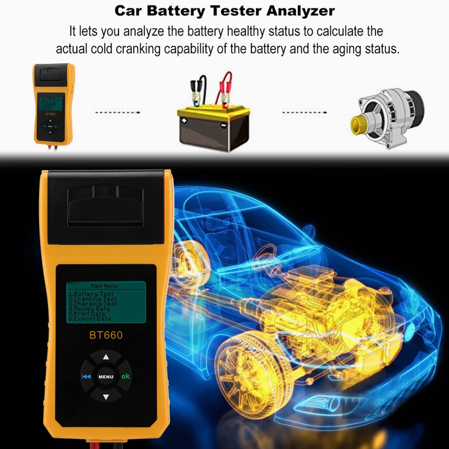 Cryfokt Tester Batteria Auto 12V, Analizzatore Batteria Digitale Auto con Stampante Integrata per Batterie Al Gel AGM Normali, Supporto Multilingue, capacità di Carico 100-3000 CCA