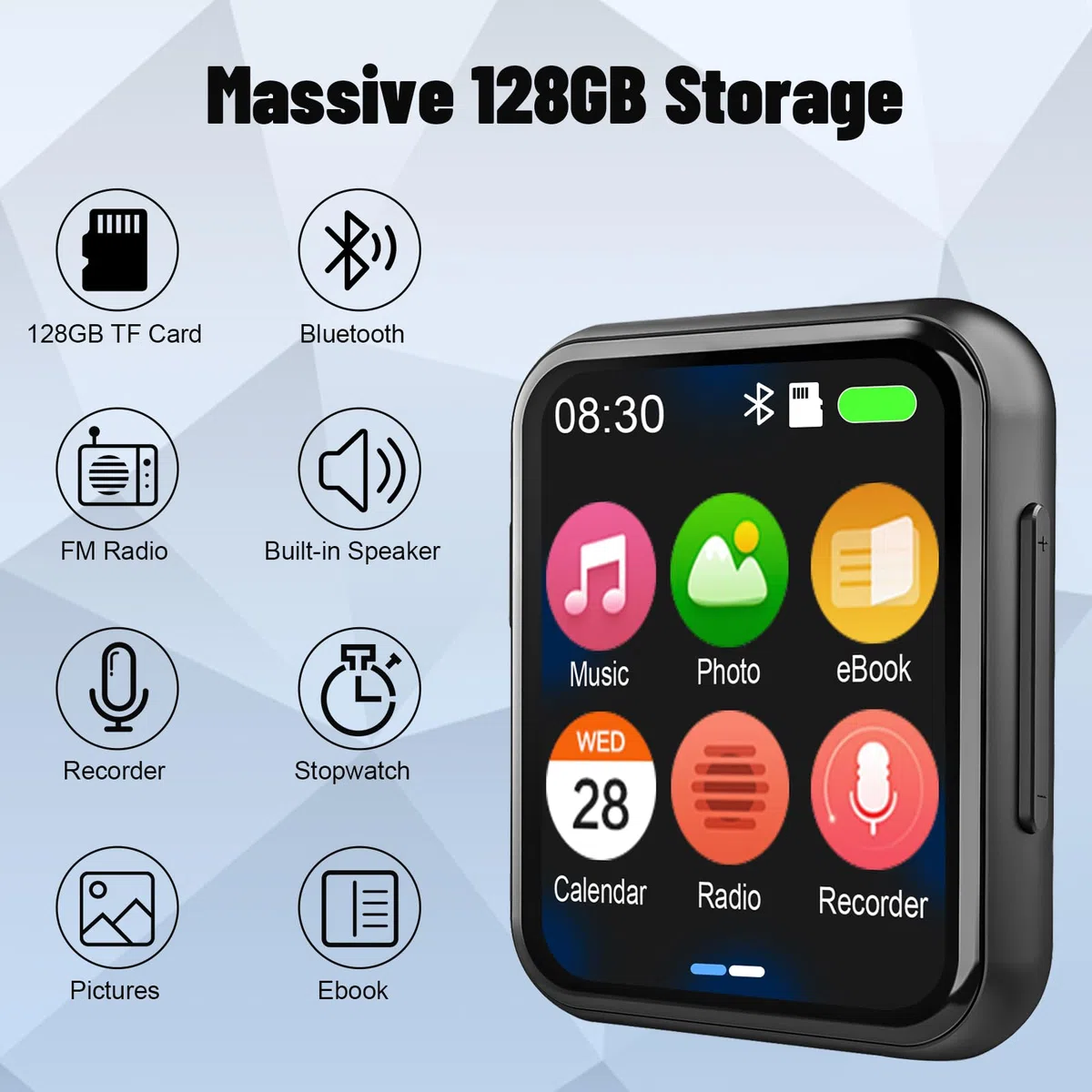 128GB Lettore MP3 con Bluetooth 5.3, AiMoonsa Lettore Musicale con Altoparlante HD Integrato, radio FM, Registratore Vocale, Suono HiFi, Funzione E-book, Auricolari Inclusi