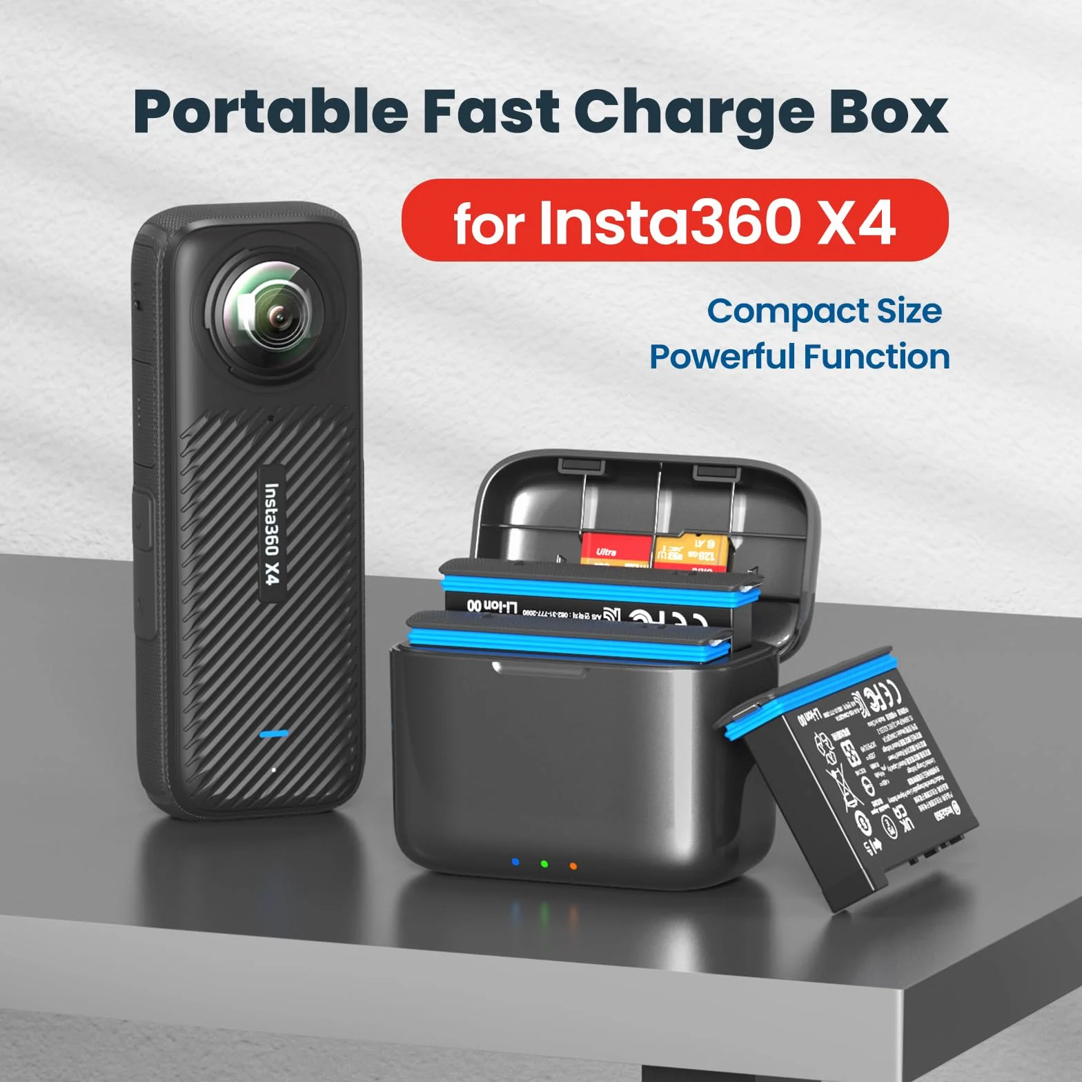 Doppio caricabatterie + 2 batterie 2380 mAh per Insta360 X4 Smart Caricabatterie rapido cavo USB tipo C PD3.0 PD2.0 - Organizer per schede SD coperchio magnetico stazione di ricarica