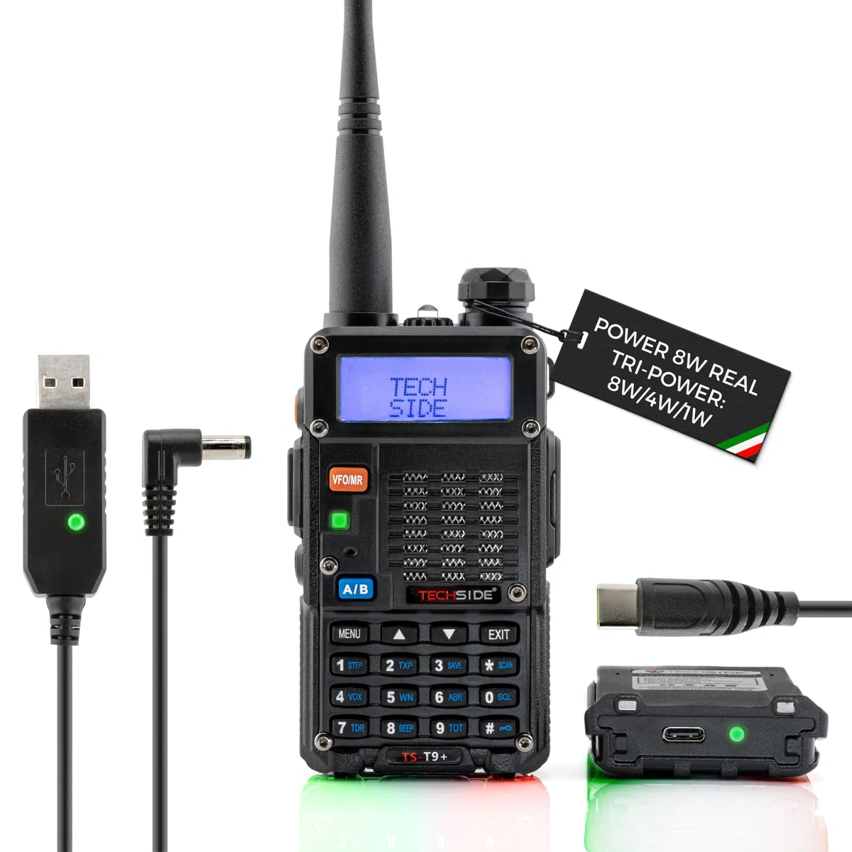 TechSide Walkie Talkie 8W | TS-T9+ Radio Ricetrasmittente Dual Band VHF UHF Tri-Power | Firmware Italiano | Batteria 1800mAh con Ricarica USB-C | 128 Canali, PMR446 VOX | Qualità e Assistenza Italiana