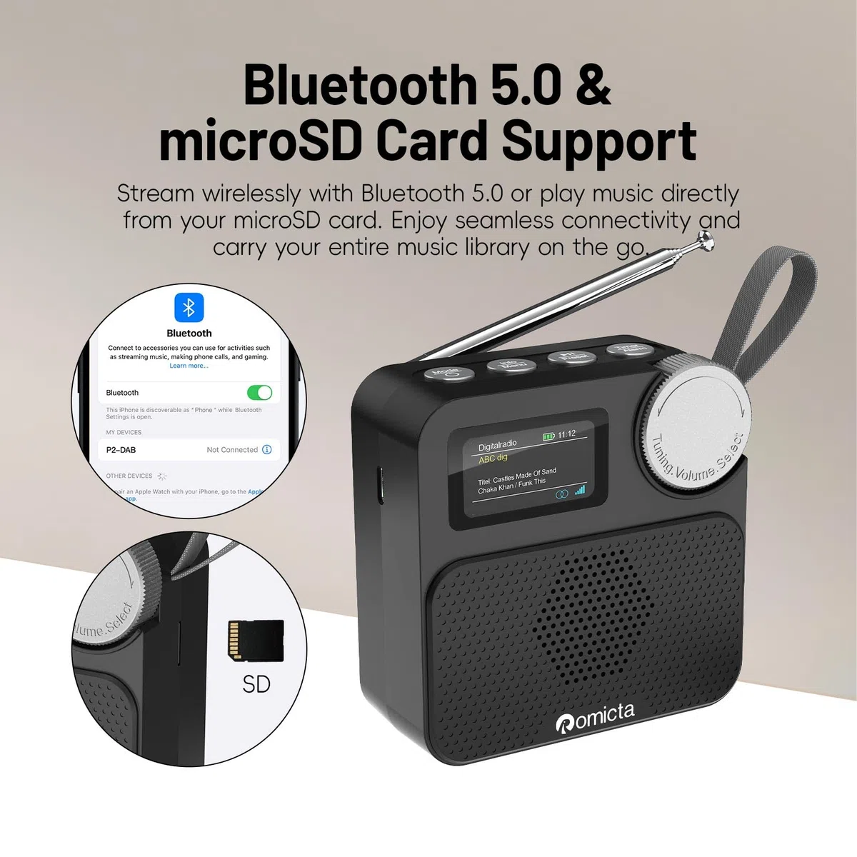 Romicta Radio DAB/DAB+ con Bluetooth 5.0, display a colori, slot per schede MicroSD, sveglia e timer, ricaricabile, ideale per casa e in viaggio