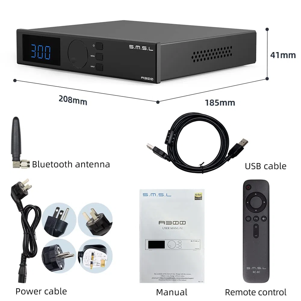 S.M.S.L A300 Amplificatore di potenza HiFi, Classe D Amp integrato SDB Effetti sonori Ricevitore audio ad alta risoluzione, RCA, Bluetooth 5.0, Ingresso USB, 165W x 2 THD+N 0,004% (con telecomando)