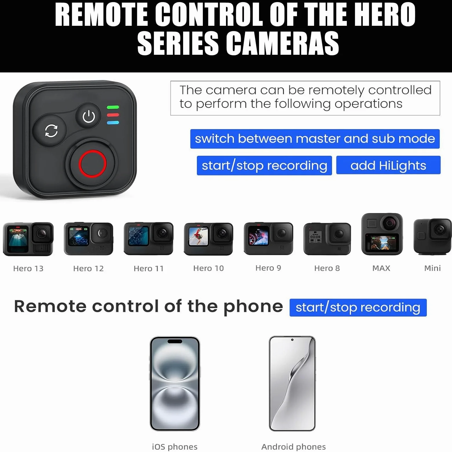 Telecomando wireless Bluetooth per smartphone Insta360 X5/X4/X3/Ace Pro/Ace Pro 2/GO3S/GO3/GoPro/ONE R/RS/Hero 13/12/11/IOS/Android, portata 50 m, 96 ore, impermeabile, con cinturino da polso di tipo