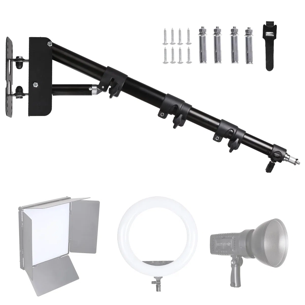 Montaggio a parete, braccio triangolare con lunghezza fino a 41,3 pollici/105 cm per riprese video in studio per flash, softbox, luci ad anello, luci singole, ombrelli, riflettori