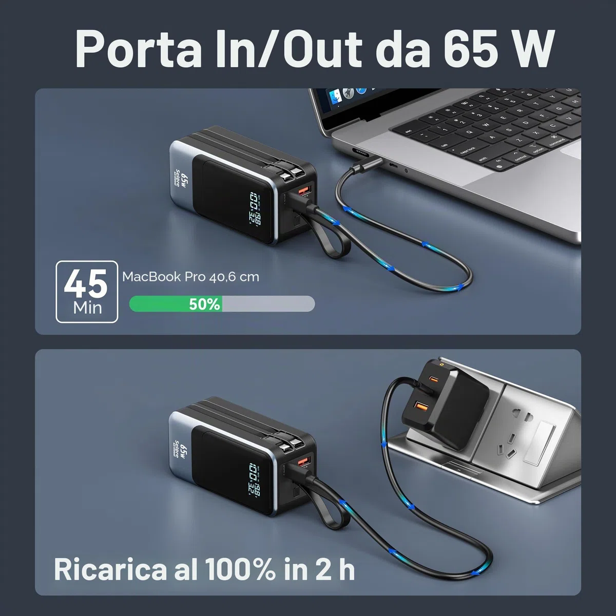 Selore&S-Global Power Bank, 65W Caricatore Portatile Ricarica Rapida, USB C Powerbank con Cavi Integrati, 4 Porte, Batteria Esterna per MacBook iPhone 17 16 15 14 Samsung Dell HP Steam Deck iPad Pro