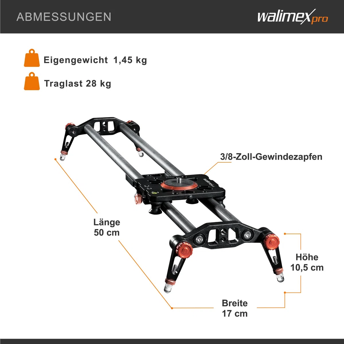 Walimex pro Slider camera Carbon Video nero Binario scorrevole 50 cm per videocamera con borsa di trasporto e livella a bolla
