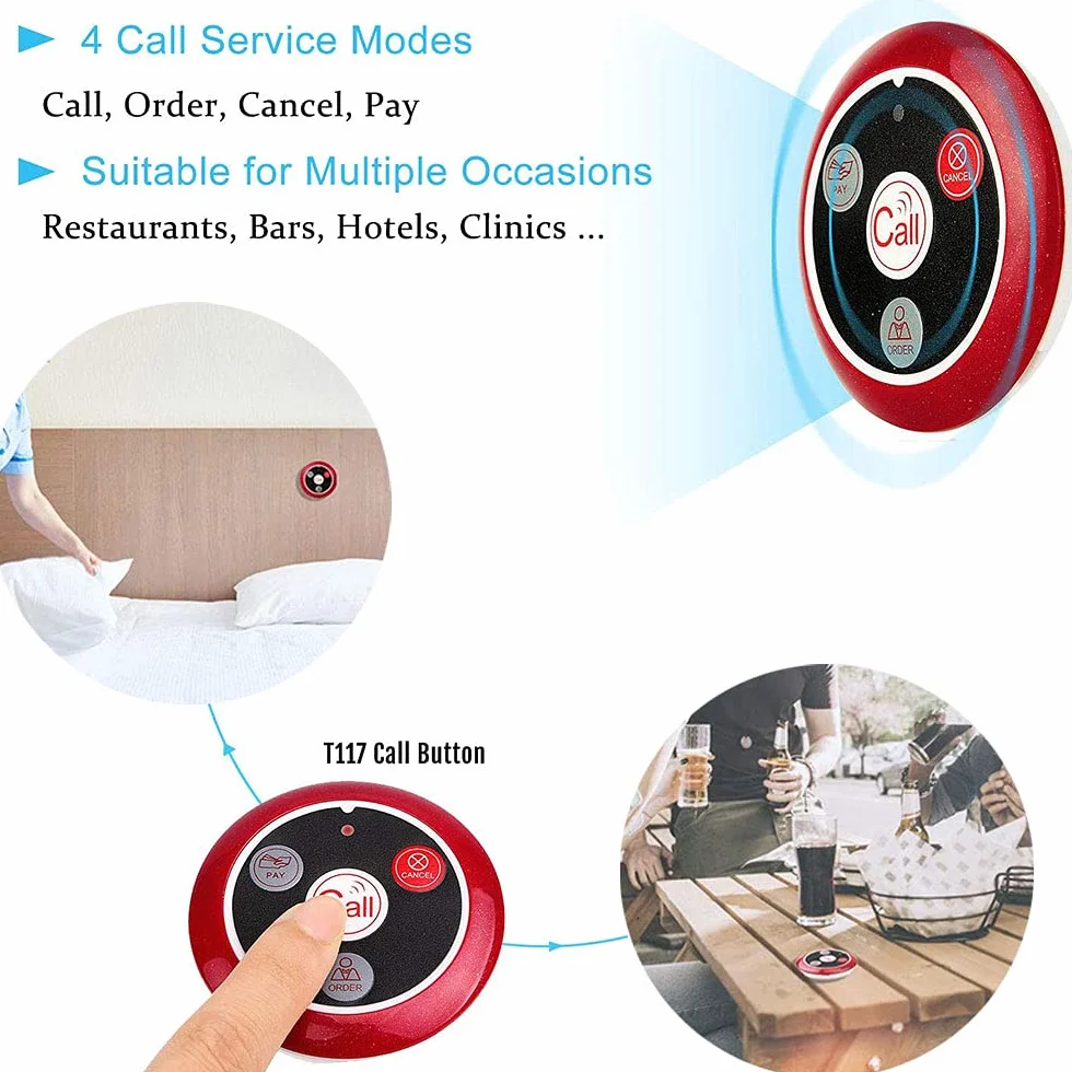Retekess T117 Sistema Cercapersone, Pulsante di Chiamata Wireless, 4 Tasti Funzione, Impermeabile, per Schermo T114 Orologio TD106 o Orologio T128, Ristorante, Hotel, Bar (5 Pulsanti di Chiamata)