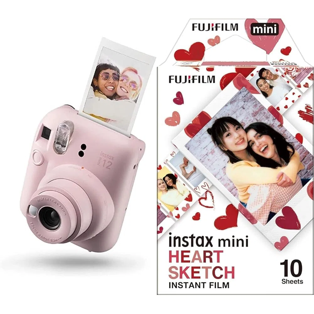 Fujifilm instax mini 12 Blossom Pink - Macchina Fotografica Istantanea & instax mini film 10 shot pack, bordo CUORI