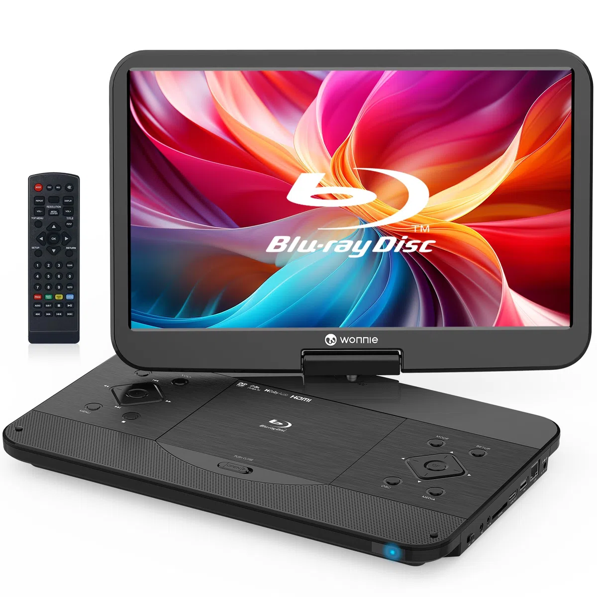 WONNIE Lettore DVD portatile Bluray con schermo 1080p Full HD da 15,6 pollici, grande schermo girevole, suono surround, supporto ultima memoria, uscita HDMI, ingresso AV, scheda USB/SD