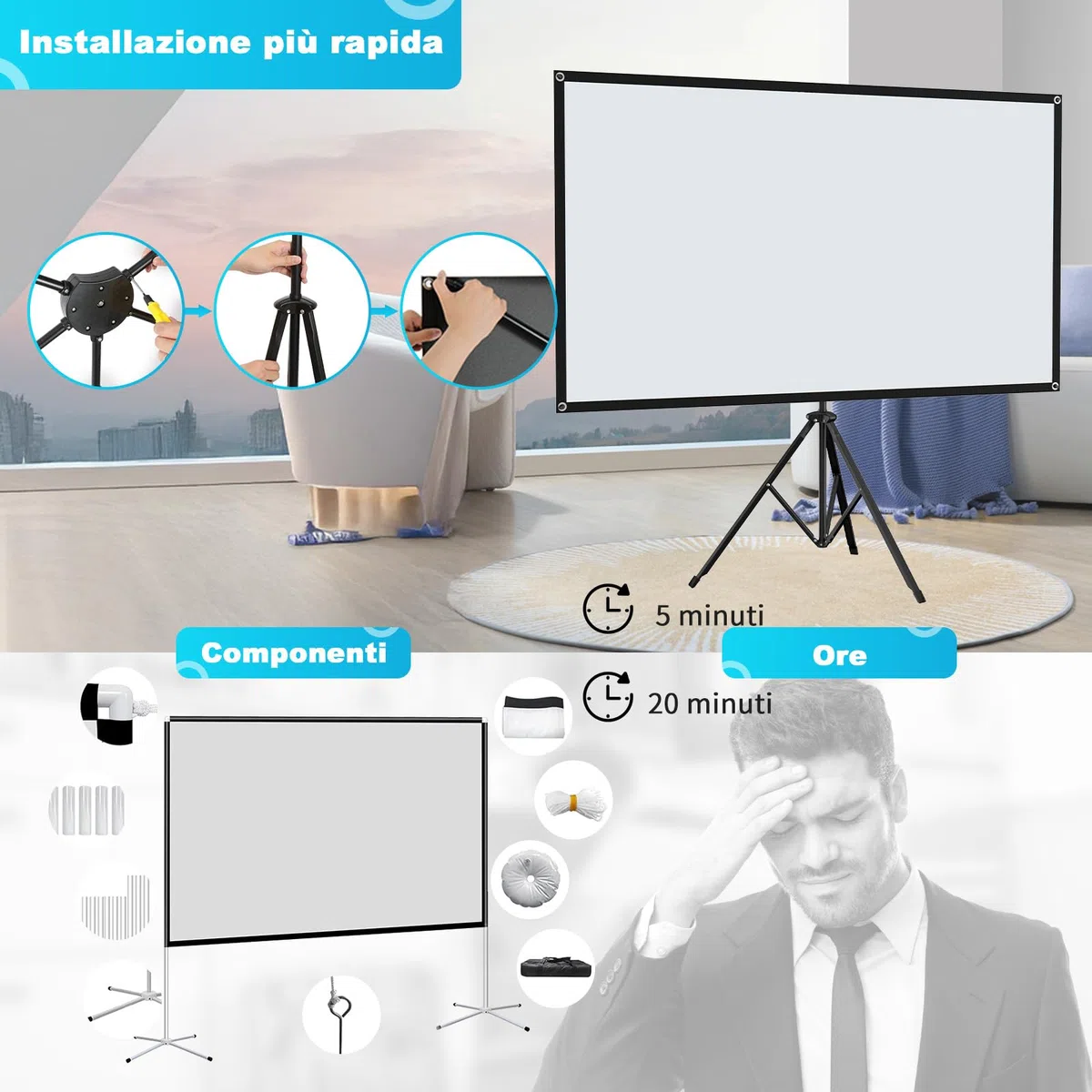 VISULAPEX 80"ALR Schermo per Proiettore con Treppiede, 16:9 Telo Proiettore Portatile Leggero Perfetta per Teatro Domestico, il Cinema All'aperto e Altre Attività di Intrattenimento