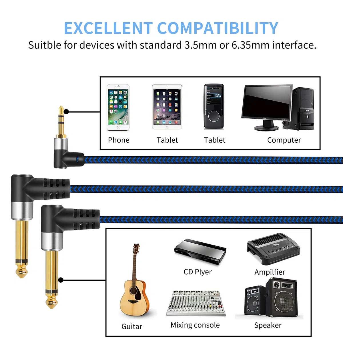 Cavo splitter da TRS da 3,5 mm a doppio TS mono stereo da 6,35 mm, 1,8 m, compatibile con smartphone, iPod, schede audio, lettori CD, altoparlanti multimediali, audio PA e sistema stereo