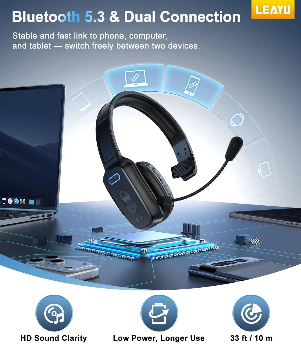 LEAYU Cuffie Bluetooth, 60 ore con cancellazione del rumore V5.2, cuffie wireless con microfono, pulsante muto, multipunto, per cellulari, PC, computer, camion, autista, ufficio, lavoro, nero