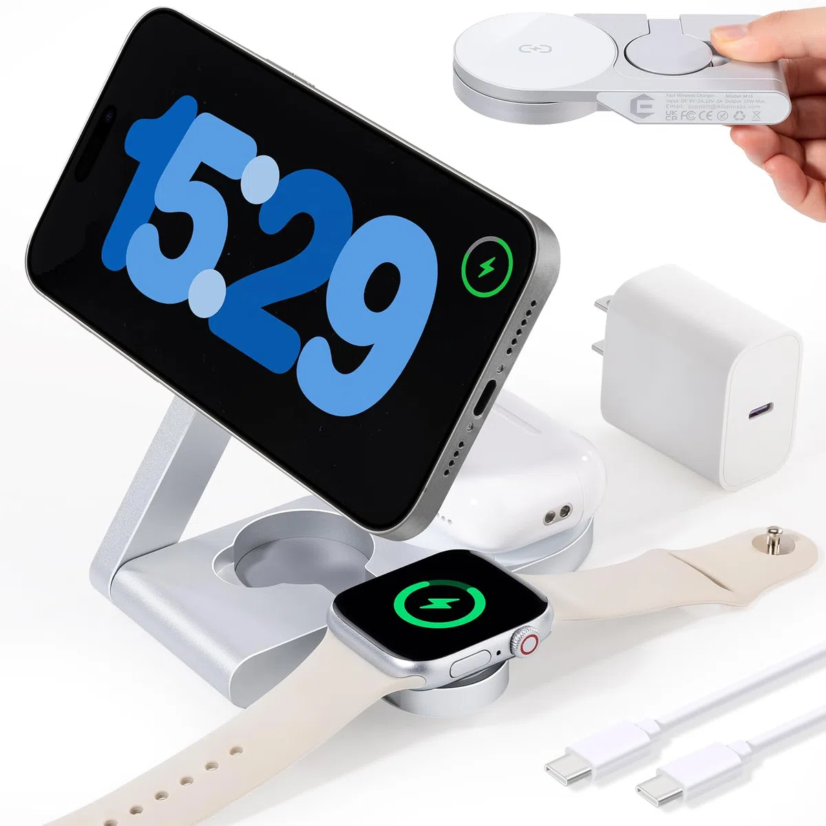 Caricabatterie wireless M16 3 in 1, in lega di alluminio, pieghevole, compatibile con MagSafe, per iPhone 16, 15, 14, 13, 12, stazione di ricarica per AirPods, supporto di ricarica wireless per iWatch