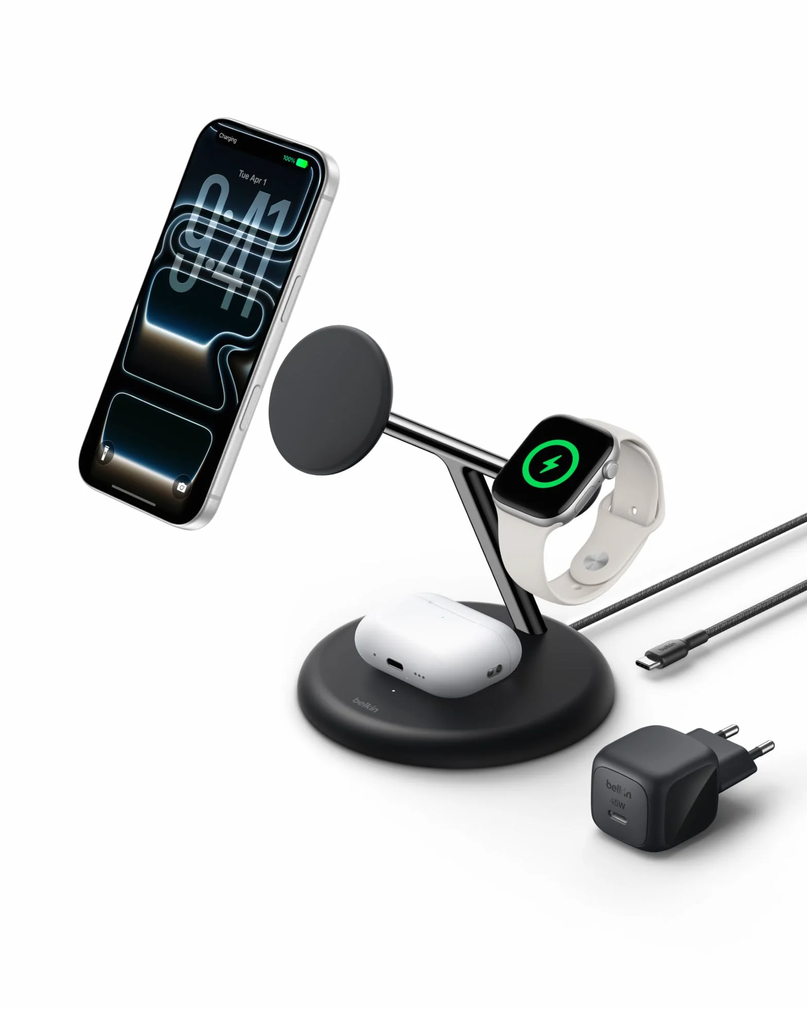 Belkin UltraCharge Caricatore Wireless Qi2.2 25W 3 in 1 - Nero | Caricatore Wireless Magnetico MagSafe, Certificato Qi2.2 per iPhone, Apple Watch, Auricolari, Cavo USB-C e Alimentatore 45W