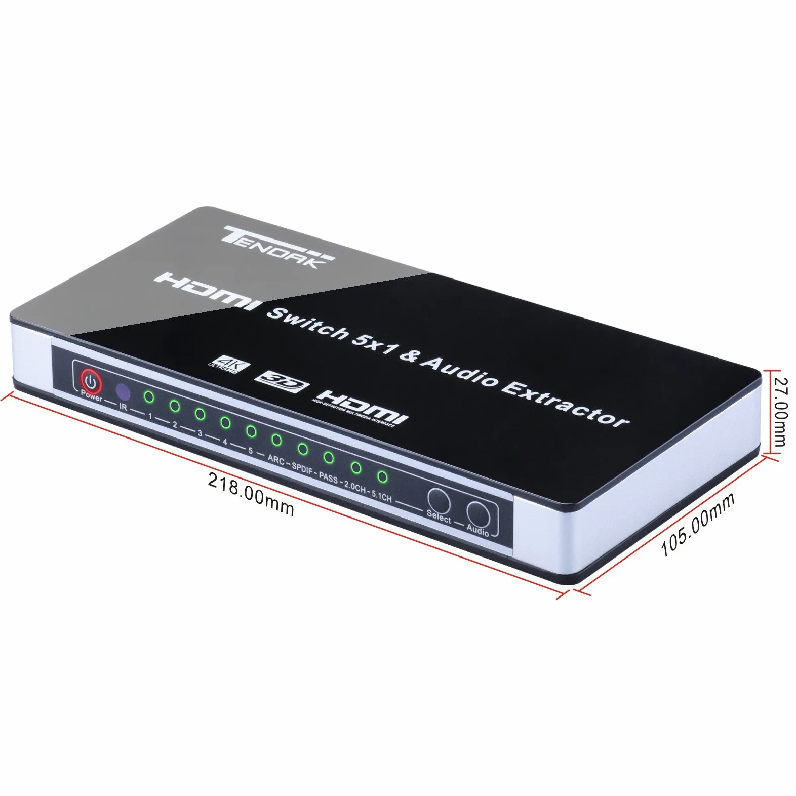 Tendak Switch HDMI 4K 5 su 1 con SPDIF e L/R Audio Extractor, Telecomando, Supporta Arc HDMI 1,4