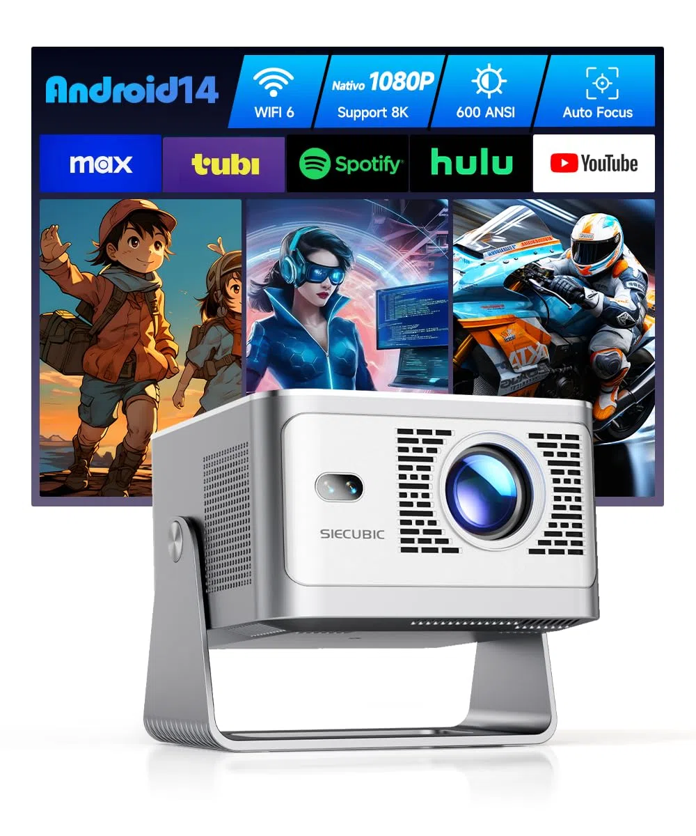 Mini Proiettore Portatile, Videoproiettore 4K Full HD 1080P, 600 ANSI, Android 14 WiFi 6 Bluetooth 5.4, Correzione di Distorsione e Foco Automatico, Cinema Casa Interno ed Estern