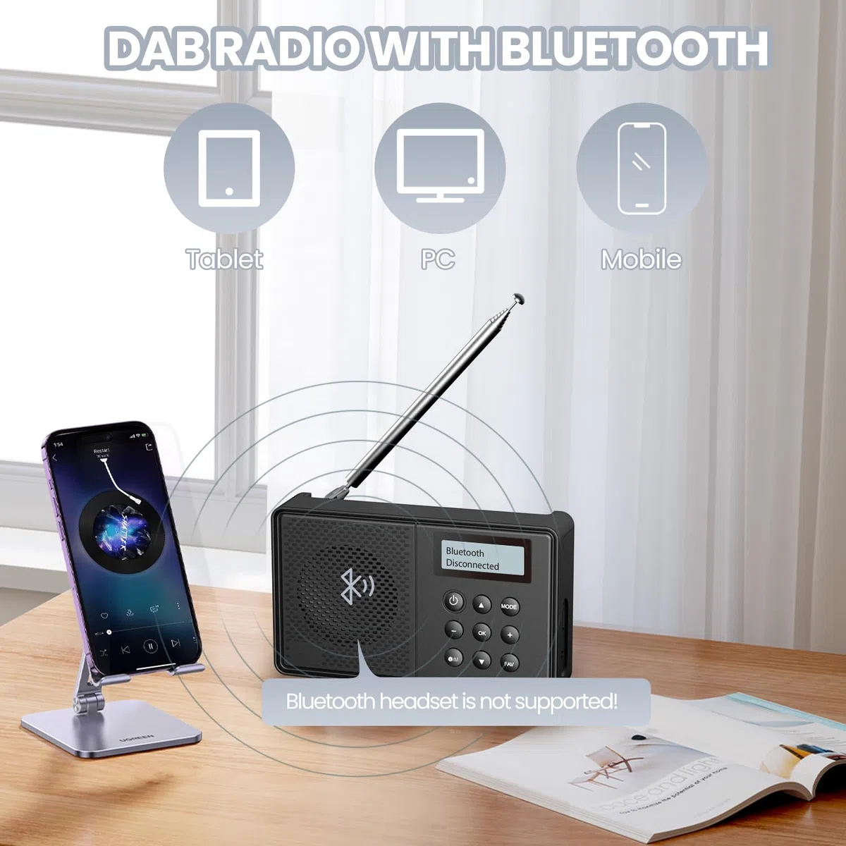 Arafuna Radio Portatile, DAB/FM 40 Stazioni Preimpostate, Bluetooth con Sveglia Doppia, Radio Portatile Ricaricabile, Timer di Spegnimento