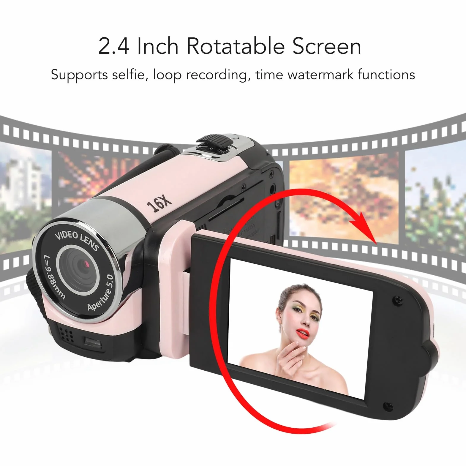 Videocamera digitale HD 1080p, 16 MP, zoom digitale 16x, schermo rotante da 2,4", stabilizzazione dell'immagine elettronica, timelapse, supporto microfono esterno e treppiede (fino a 128 GB)