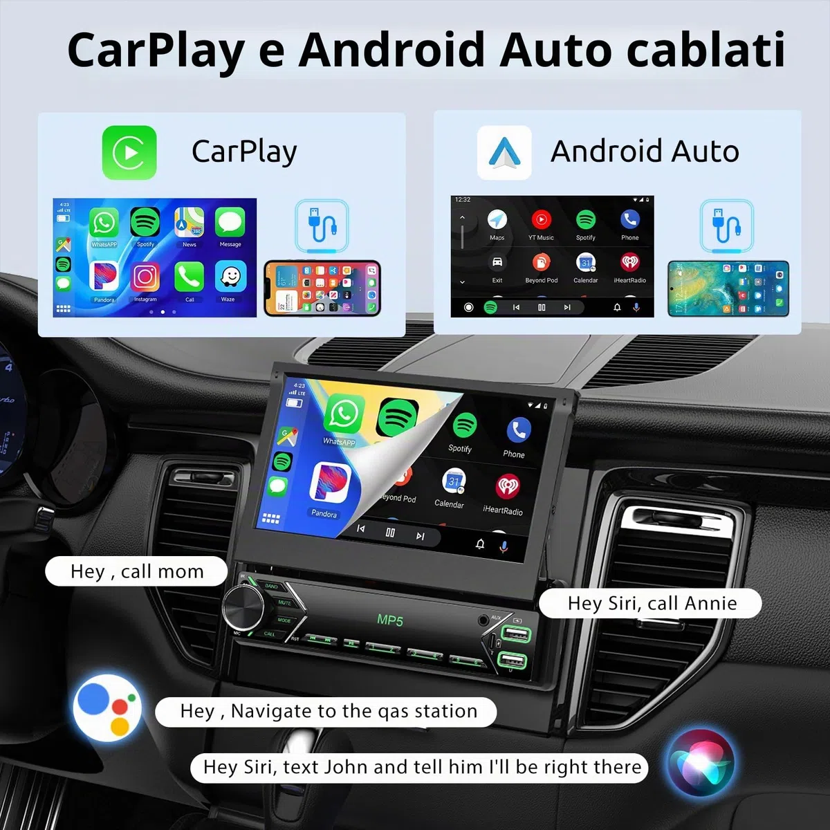 VECHTEL Autoradio 1 Din con wired Carplay Android Auto, Schermo Tattile Pieghevole da 7 Pollici IPS Bluetooth Stereo Auto, Radio FM, Mirror Link, USB, SWC, Mic, Telecamera Posteriore